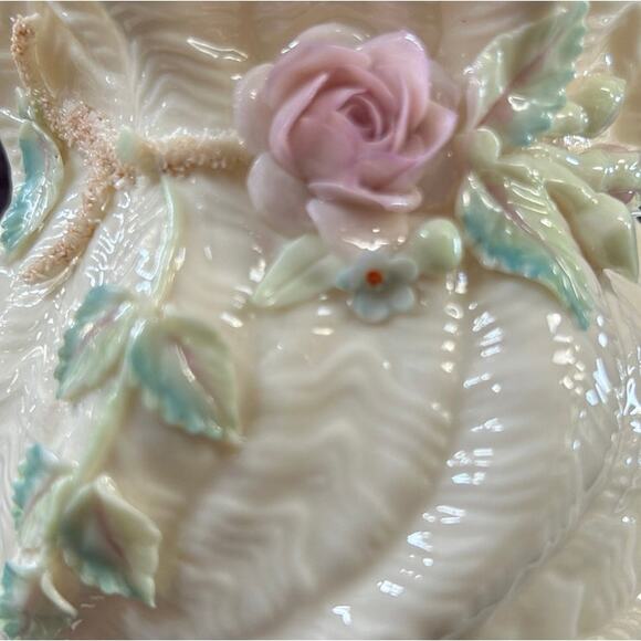 Belleek Cache Pot Vase Pink Rose and Shamrock 6th Green Mark Mid Century - Picture 6 of 11